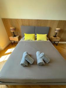 zwei Handtücher auf einem Bett mit zwei Kissen in der Unterkunft Villa Katerina - Luxury Apartment in Nizza + 15 Fotos