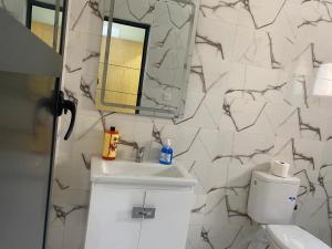 a bathroom with a sink and a mirror and a toilet at Ella apartments in Larache