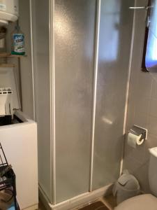 a shower stall in a bathroom with a toilet at Numéro 190 rue des moulins Nid douillet au cœur de la haute Provence vachéres in Reillanne +50 photos