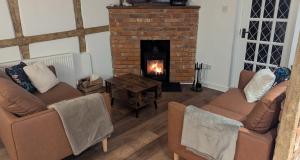 a living room with two couches and a fireplace at Magpie Cottage in Ledbury