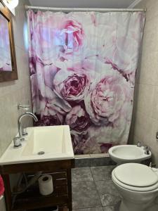 une salle de bain avec un rideau de douche avec des roses roses dans l'établissement Planta Alta con Balcon, à Mar del Plata