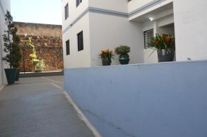 a white building with potted plants on a wall at Apto 2 dormitórios 1 banheiro 1 vaga descoberta in Piracicaba