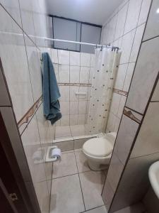 ein kleines Badezimmer mit Toilette und Dusche in der Unterkunft Cajamarca House in Cajamarca