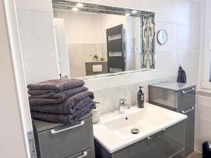 a bathroom with a sink and a mirror and towels at WILD&COZY Apartment mit moderner Küche & Terrasse in Blankenburg