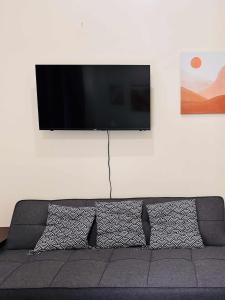 une télévision à écran plat suspendue sur un mur au-dessus d'un canapé dans l'établissement Serene Escape with Nature-Inspired Decor, à Mandurriao