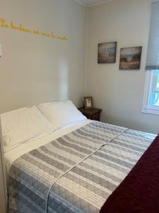 a bedroom with a bed with a blanket on it at Chalet Le Ronfleur - Sainte-Monique-de-Honfleur in Honfleur