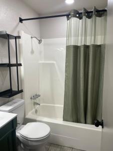 a bathroom with a toilet and a shower curtain at HomeSuite Cabin Relaxing Getaway Near Casino in Hugo