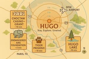a map of a hugo park with signs at HomeSuite Cabin Relaxing Getaway Near Casino in Hugo