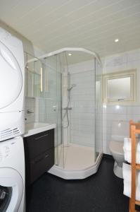 a bathroom with a shower and a toilet at Villa Haudalan Åndalsnes in Åndalsnes