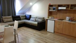 a living room with a couch and a kitchen at Villa Rekin in Grzybowo