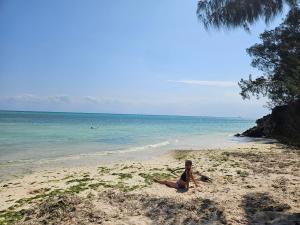 a woman sitting on a beach next to the ocean at Karibu Maisha Lodge in Kizimkazi