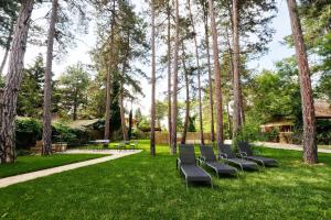 a row of benches sitting in the grass in a park at Villa Oliver 2 Siófok in Siófok +50 photos