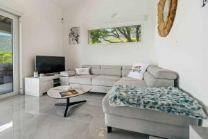 a living room with a couch and a tv at Villa L'Emeraude in Cavalaire-sur-Mer
