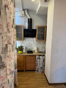 una cocina con fregadero y encimera en Стадия лофт 2, en Chornomorsk