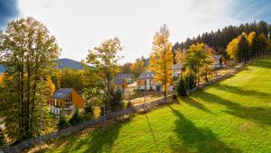 a group of houses in a field with trees at Wonder Home Myśliwska - Domki przy stoku Karpatka - na terenie kompleksu plac zabaw, zewnętrzna siłownia i sklep in Karpacz +33 photos