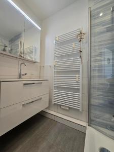 a white bathroom with a shower and a sink at Vier Jahreszeiten "Strandglück" im Haus 2 Wohnung 45 in Großenbrode-Kai