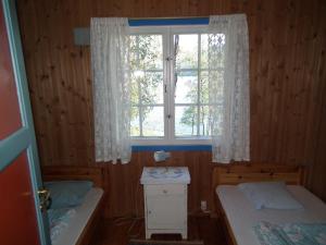 a small bedroom with two beds and a window at Haukedalen Hytter in Viksdalen +7 photos