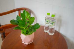 a table with a plant and two bottles of water at IU Beach Hotel Phú Quốc in Phu Quoc