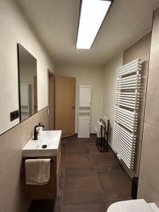 a bathroom with a sink and a mirror at FeWo zum Büttelfels in Dahn