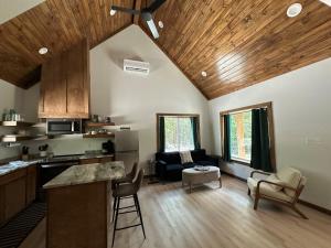The Cabins at Northwoods Trails في هوت سبرنغز: مطبخ وغرفة معيشة بسقف خشبي