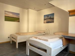 two beds in a room with paintings on the wall at Ferienhaus Winterberg in Winterberg