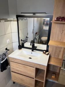 a bathroom with a sink and a mirror at Résidence T2 , Jardin 100m plage Parking gratuit in Valras-Plage