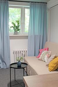 a living room with a couch and a window at Patro Apartament 3 Wrocław Centrum in Wrocław
