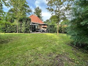 une grande cour avec une maison en arrière-plan dans l'établissement Recreational cottage with lots of privacy, large forest garden!, à IJhorst
