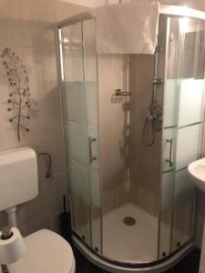 Un baño con ducha, inodoro y lavabo. en Y Panzió Party Rooms, en Balatonlelle