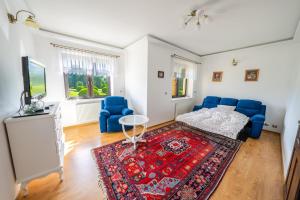 a living room with a bed and a rug at Rezydencja Mądrzechowo in Gersdorf