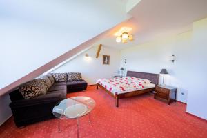 a living room with a couch and a bed at Rezydencja Mądrzechowo in Gersdorf