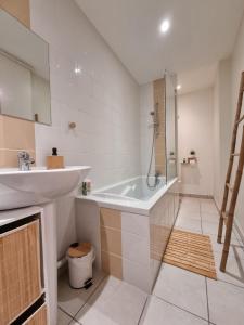 a bathroom with a sink and a bath tub at Triplex bohème près du Château à Sedan, idéal 2 couples in Sedan
