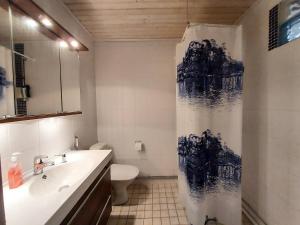NakkilaにあるApartment Garage, Tallitaloの洗面台とシャワーカーテン付きのバスルーム