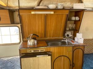 a kitchen in an rv with a sink at KAroo Rustic caravan in Ladismith