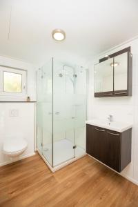 a bathroom with a shower and a toilet and a sink at River Cabin with bubbeltub 6 people in Zuna