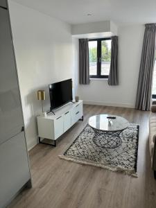 a living room with a tv and a coffee table at Modern 1-Bedroom Flat near NEC, Solihull in Olton