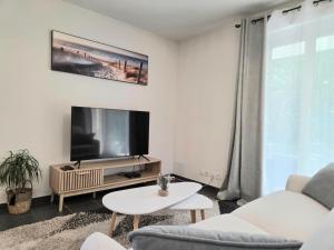 a living room with a tv and a couch and a table at Le Reposant in Thonon-les-Bains