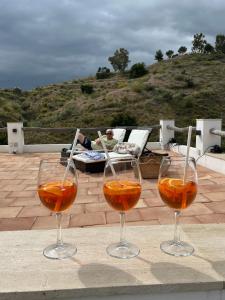 three wine glasses sitting on top of a table at Ferienhaus Casa Piedra in Sedella