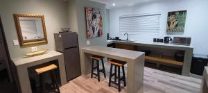 a kitchen with a counter and a sink and a refrigerator at Audrey Hepburn Suite Yzerfontein in Yzerfontein