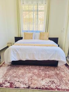 a bedroom with a large bed with a large window at Mengeni Homes in Dodoma