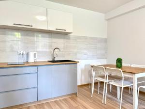 ソポトにあるPrzestronne mieszkanie przy plaży - Kordeckiego 8の青いキャビネットとテーブルと椅子のあるキッチン +6枚の写真