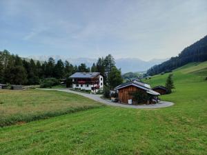 a house in the middle of a green field at Riedhof in Mieders