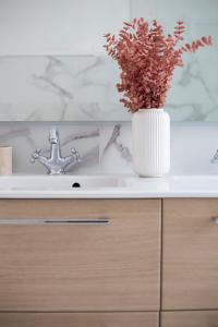 a bathroom sink with a vase with a plant in it at L'Olivier in Touët-sur-Var +61 photos