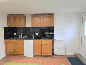 a kitchen with wooden cabinets and white appliances at Appartement Kristina in Biblis