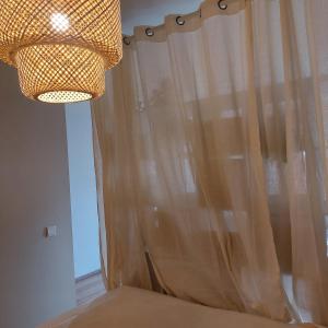 a bedroom with a shower curtain and a chandelier at Appartement calme et cosy in Louvain-la-Neuve +21 photos