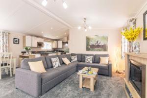 sala de estar con sofá gris y chimenea en Primrose Lodge with Hot Tub, en York