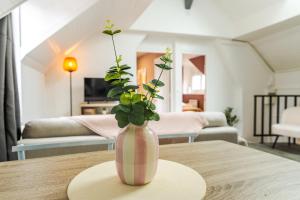 a vase with a plant in it sitting on a table at Le central, lumineux et spacieux - entrée autonome in Romilly-sur-Seine