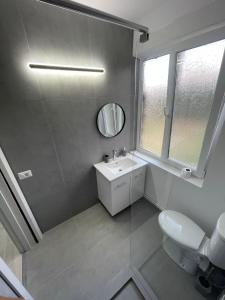 un bagno con un water, un lavandino e uno specchio di Vanex a Petricani