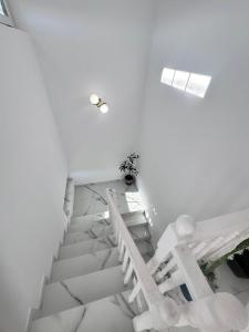 a white staircase in a white room with a plant at Pensiunea Luna in Iaşi +3 photos