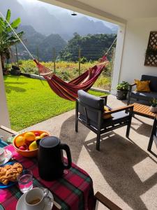 a hammock in a living room with a view at CASA GIRASSOL " uma Janela para o Nascer do Sol " in São Vicente